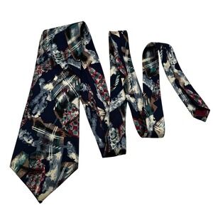 Zylos George Machado Mens Abstract Silk Tie Navy Blue‎ Teal Burgundy Italy 90s